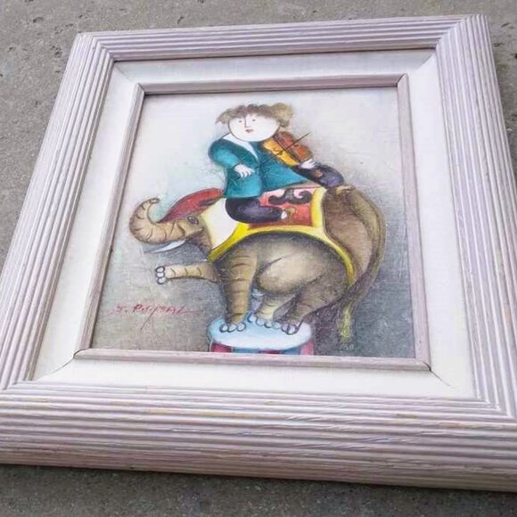 Signed J Roybal Whimsical Violinist on an Elephant Painting Framed - Picture 3 of 11